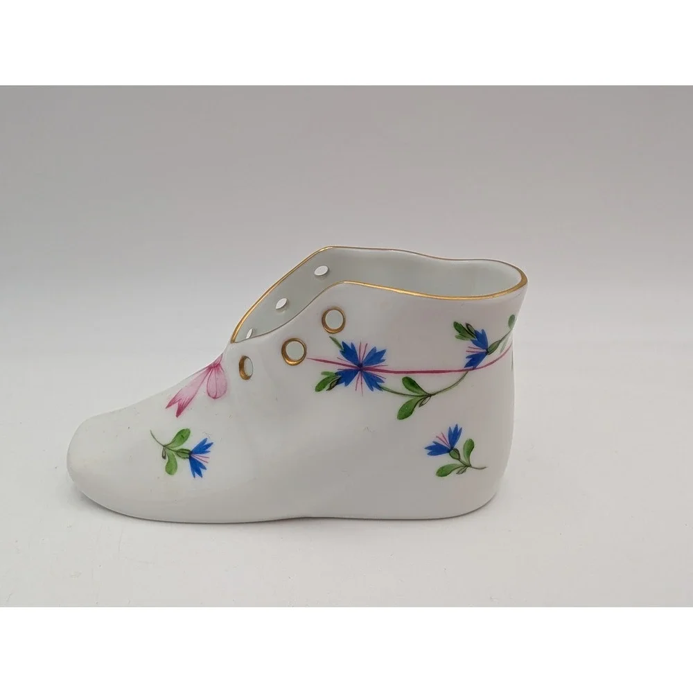 Herend Hungary Porcelain Baby Shoe Figurine White Floral Gold Trim